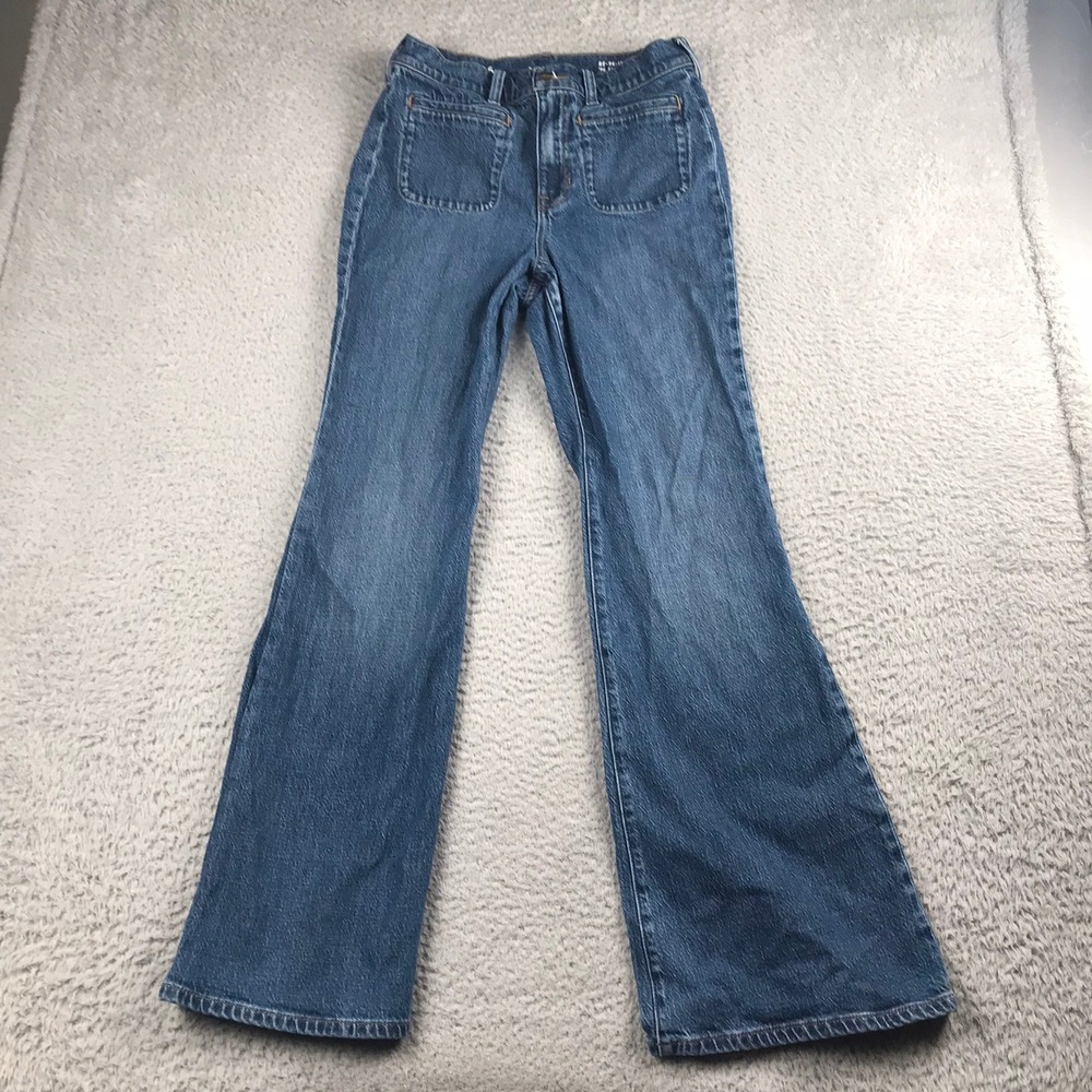 J Crew '96 Flare Jeans Women 26 (28x31) Blue High Rise Patch Pocket Denim